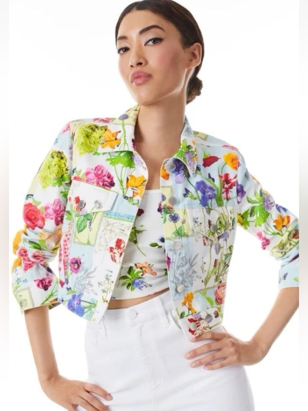 Alice Olivia Floral Print Jean Jacket Women Small Chloe Boxy Cropped Colorful